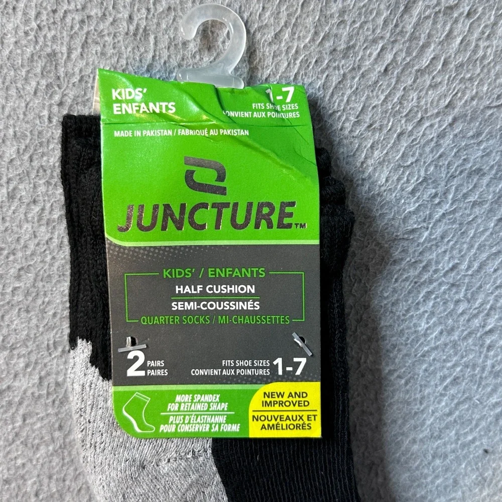 Juncture Quarter Socks Kids Size 1-7 Black Grey 2 Pairs Half Cushion Athletic‎
